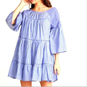 Free People Lola Embroidered Mini Dress in Blue Stripe